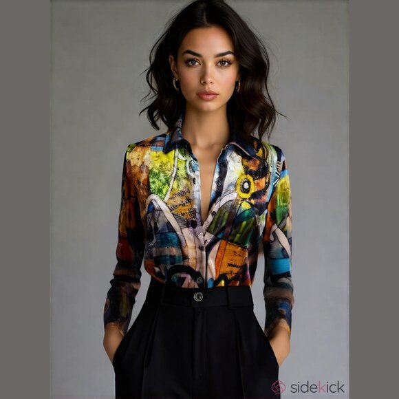 RARE!! Vintage Dolcezza Simply Art Artsy Velvet Painting Print Button Up Shirt - Picture 3 of 16